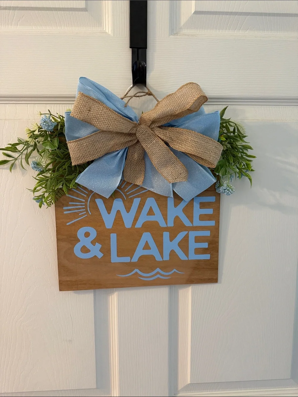 Wake & Lake Wood Wall Sign with Blue Ribbon and Greenery